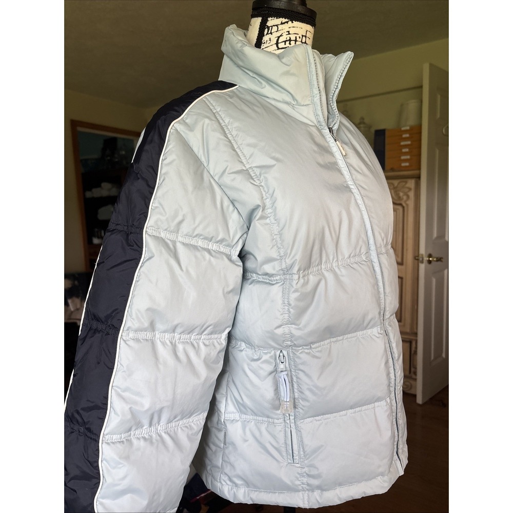 Women's Small Baby Blue With Blue Stripe Down Ski Puffer Jacket LEI Vintage - Picture 2 of 10